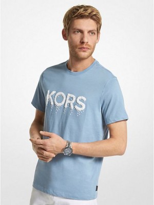 Michael Kors Graphic Logo Baumwoll T-shirts Herren Blau Weiß | 970321-GFU