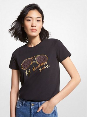 Michael Kors Logo Aviator Print Organic Baumwoll T-shirts Damen Schwarz | 283519-WFN