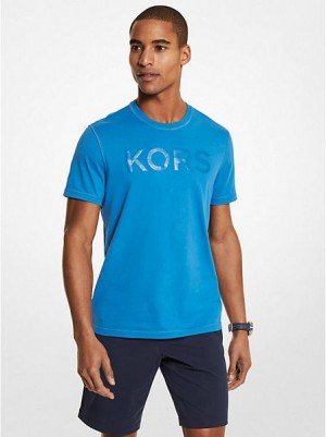 Michael Kors Logo Baumwoll T-shirts Herren Blau | 394781-KEG