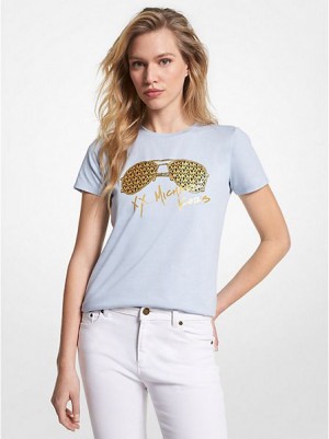 Michael Kors Metallic Logo Aviator Print Organic Baumwoll T-shirts Damen Blau Gold | 692813-IBM