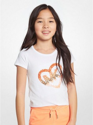 Michael Kors Stretch Baumwoll Sequined Logo Heart T-shirts Kinder Weiß | 948370-WRN