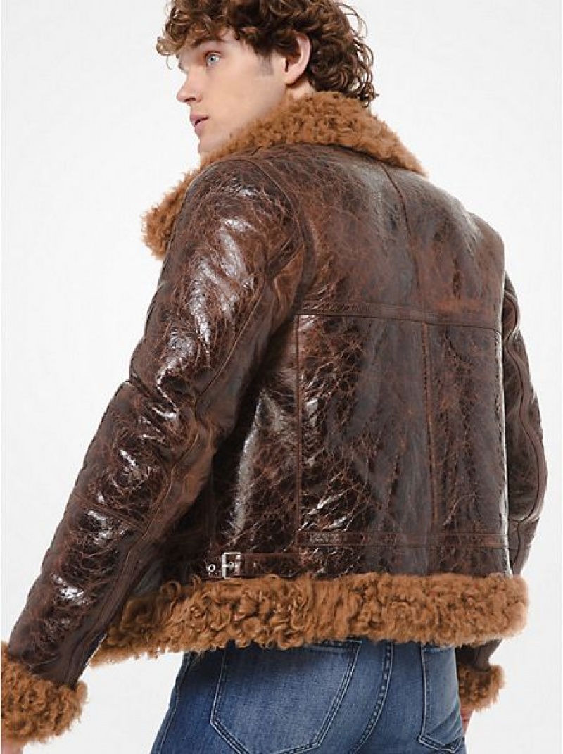 Michael Kors Distressed Lack Leder Shearling Jacken Herren Braun | 590237-VRZ