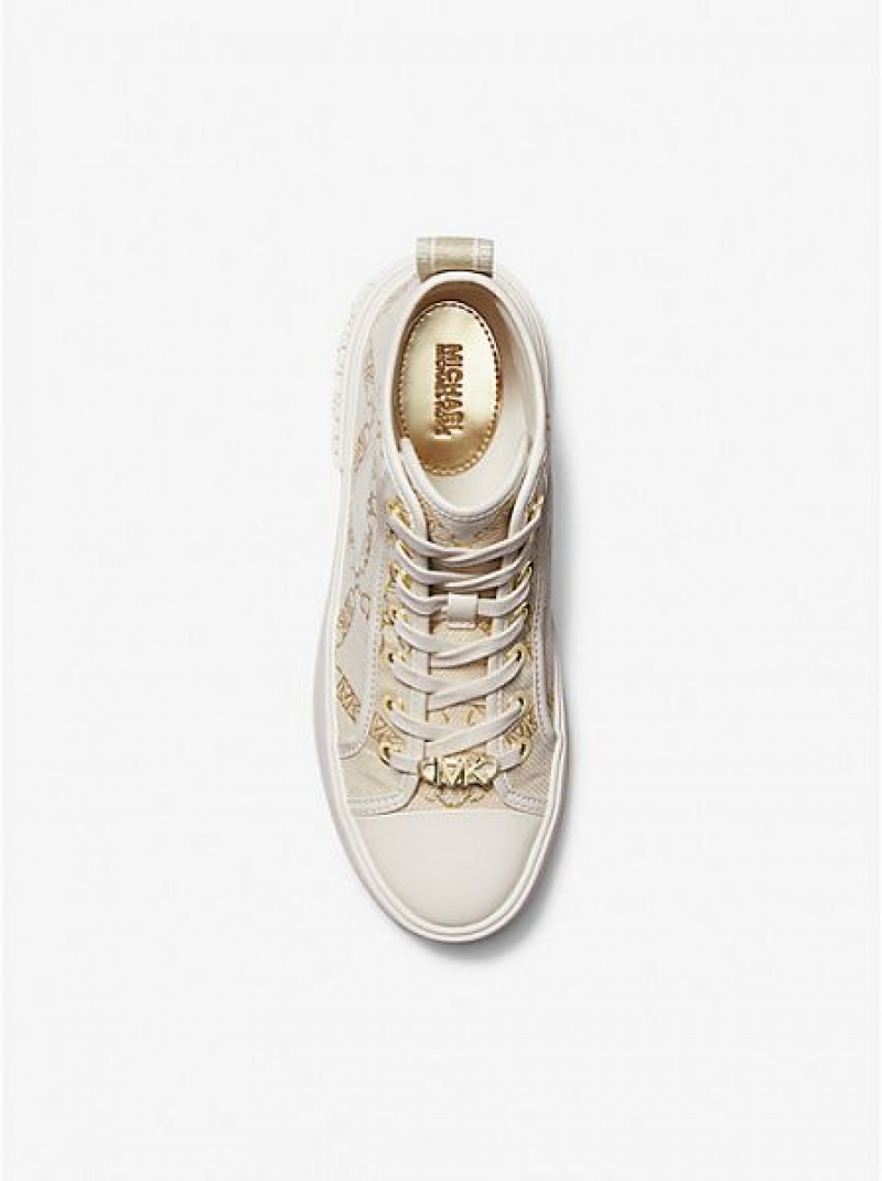 Michael Kors Evy Metallic Empire Logo Jacquard High Top Sneakers Damen Gold Beige | 452938-HBQ