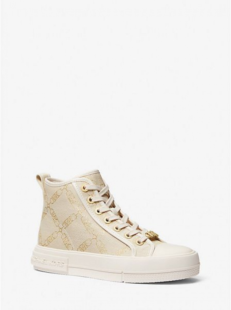 Michael Kors Evy Metallic Empire Logo Jacquard High Top Sneakers Damen Gold Beige | 452938-HBQ