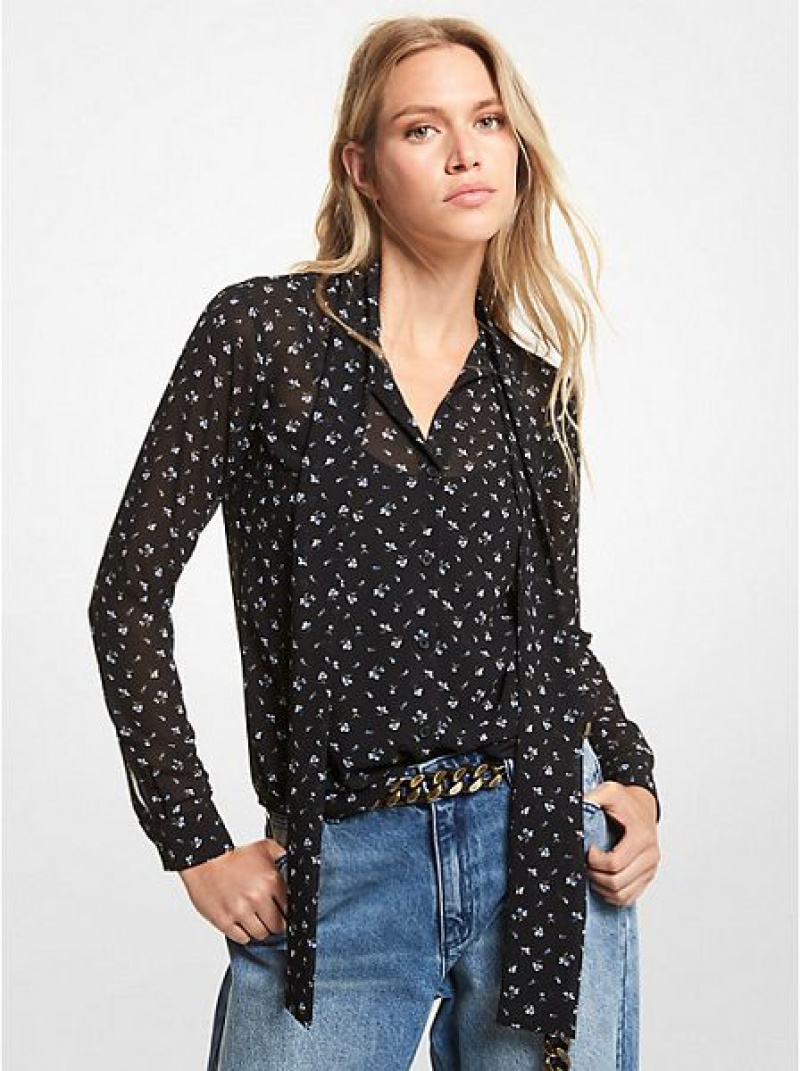 Michael Kors Floral Georgette Tie-neck Bluse Damen Schwarz Weiß | 308156-SMV