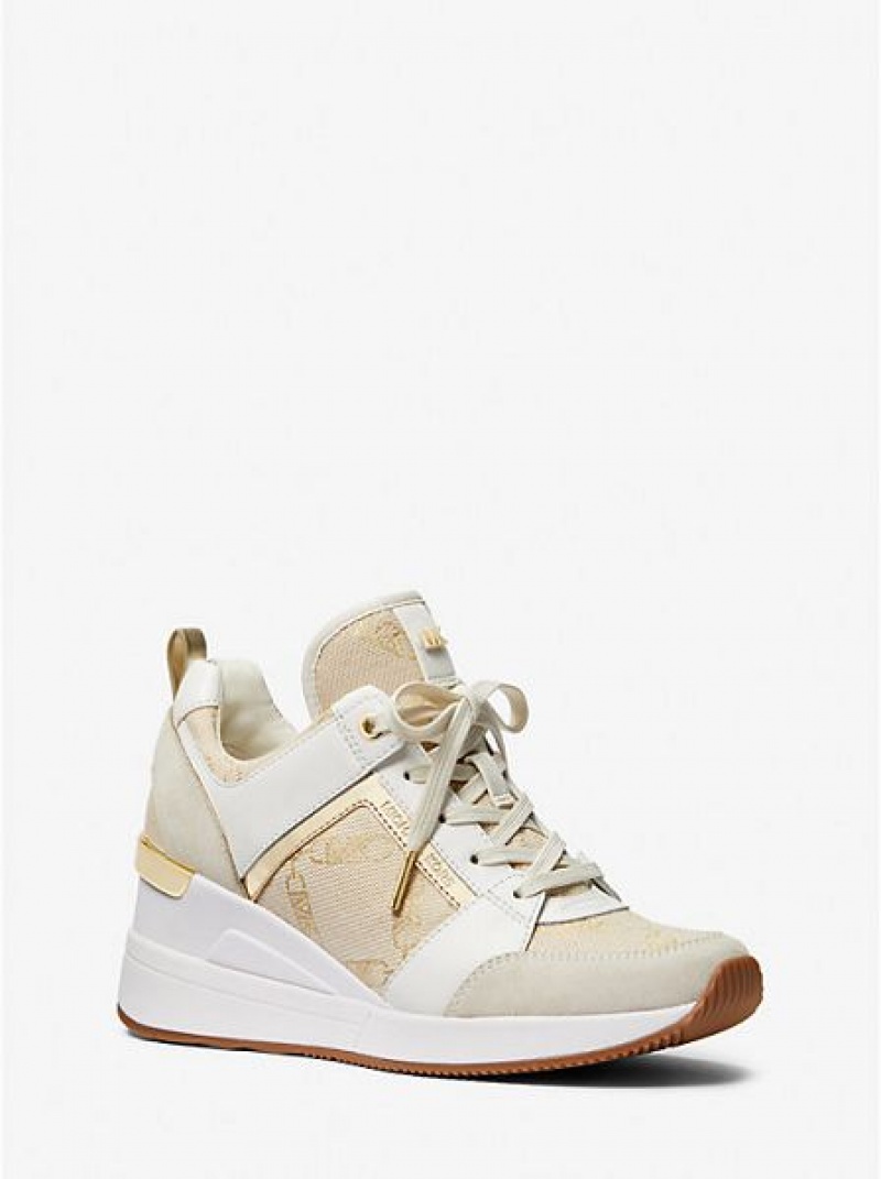 Michael Kors Georgie Metallic Empire Logo Jacquard And Leder Sneakers Damen Gold Beige | 382076-KOS