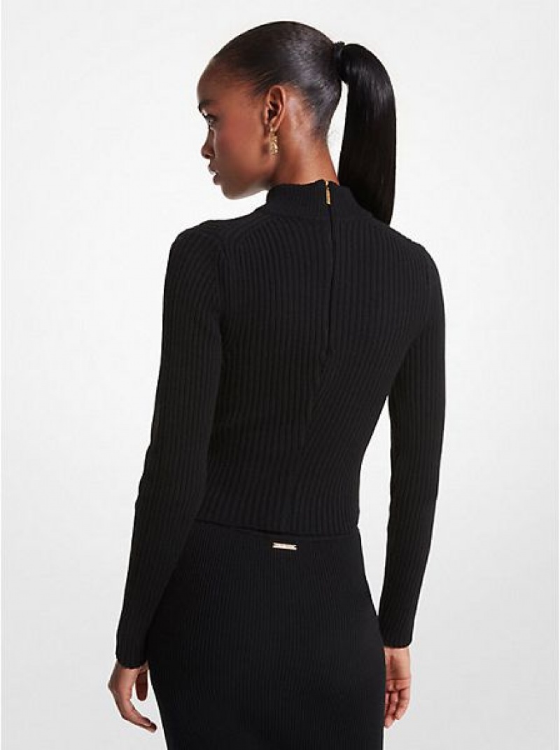 Michael Kors Gerippt Merino Wolle Blend Cropped Turtleneck Pullover Damen Schwarz | 592864-GXZ