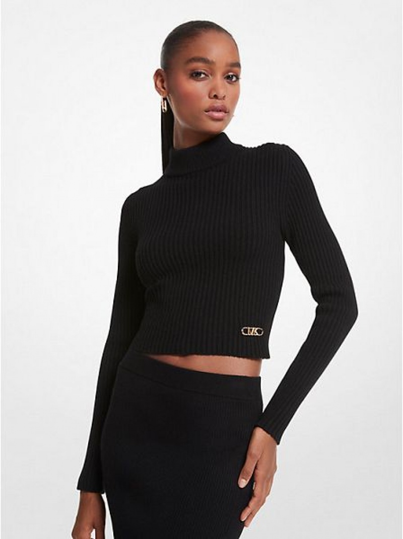 Michael Kors Gerippt Merino Wolle Blend Cropped Turtleneck Pullover Damen Schwarz | 592864-GXZ