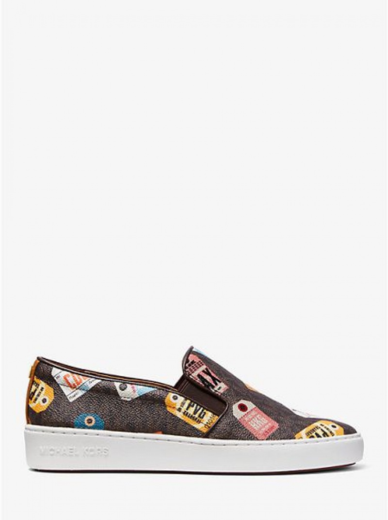 Michael Kors Keaton Printed Logo Slip On Sneakers Damen Braun | 163278-MIS