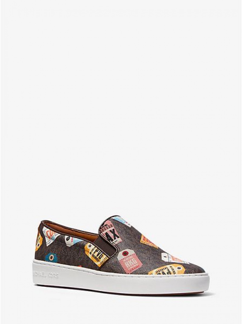 Michael Kors Keaton Printed Logo Slip On Sneakers Damen Braun | 163278-MIS