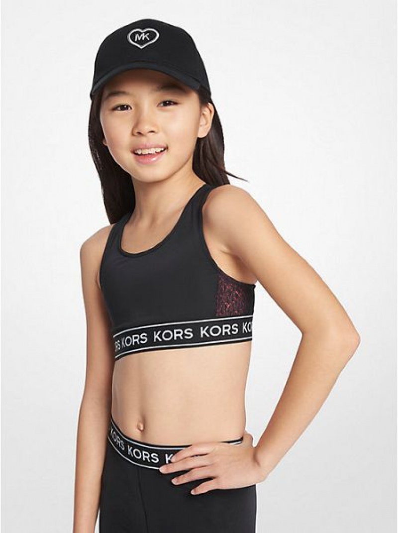 Michael Kors Logo Tape Stretch Jersey Sport Bh Kinder Schwarz | 584190-QDK