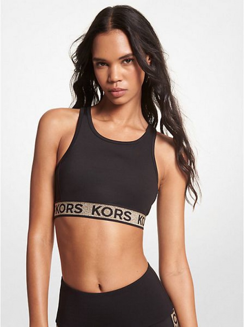 Michael Kors Logo Tape Stretch Nylon Sport Bh Damen Schwarz Gold | 124396-KYC