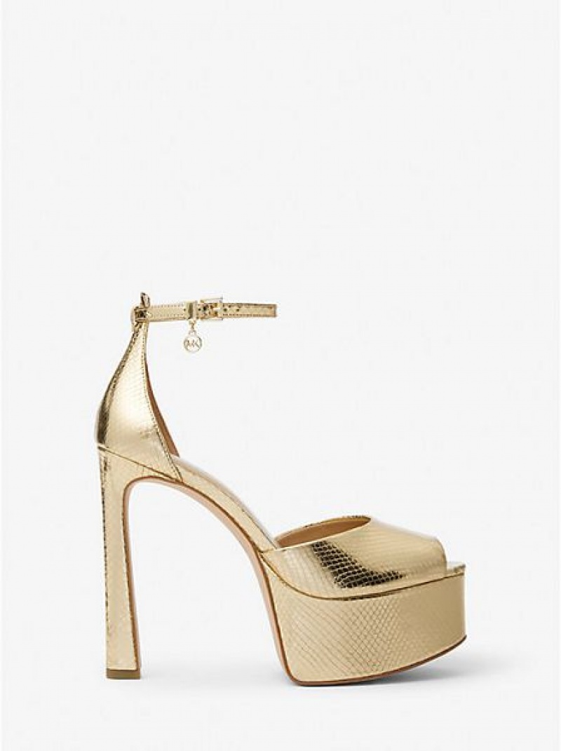 Michael Kors Martina Metallic Snake Embossed Leder Peep-toe Plattform Pumps Damen Gold | 246803-RUI