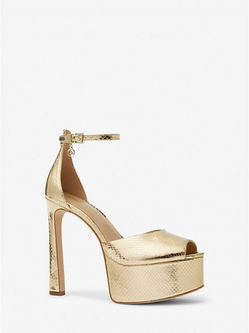 Michael Kors Martina Metallic Snake Embossed Leder Peep-toe Plattform Pumps Damen Gold | 246803-RUI