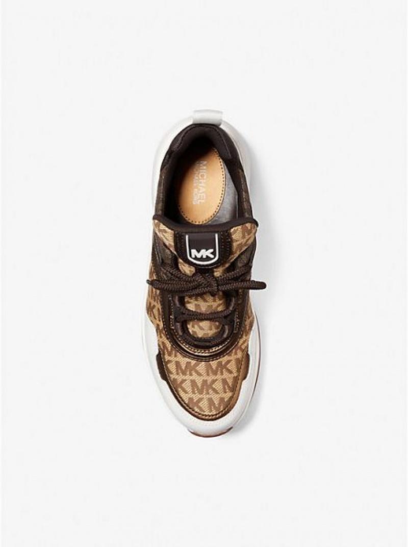 Michael Kors Olympia Logo Jacquard And Metallic Leder Sneakers Damen Beige Braun | 120679-YJD