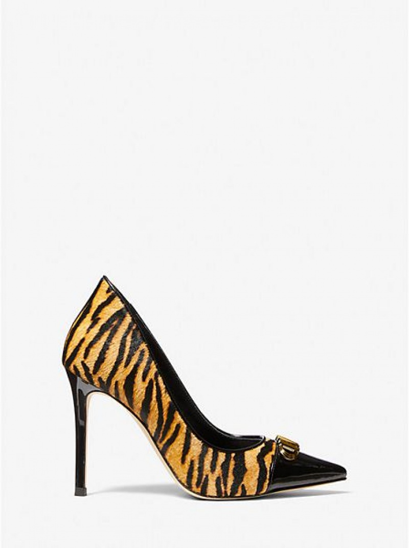 Michael Kors Parker Tiger Print Calf Hair And Leder Pumps Damen Gelb Schwarz | 029451-OKM