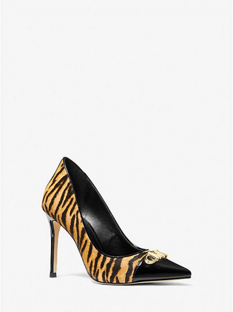 Michael Kors Parker Tiger Print Calf Hair And Leder Pumps Damen Gelb Schwarz | 029451-OKM