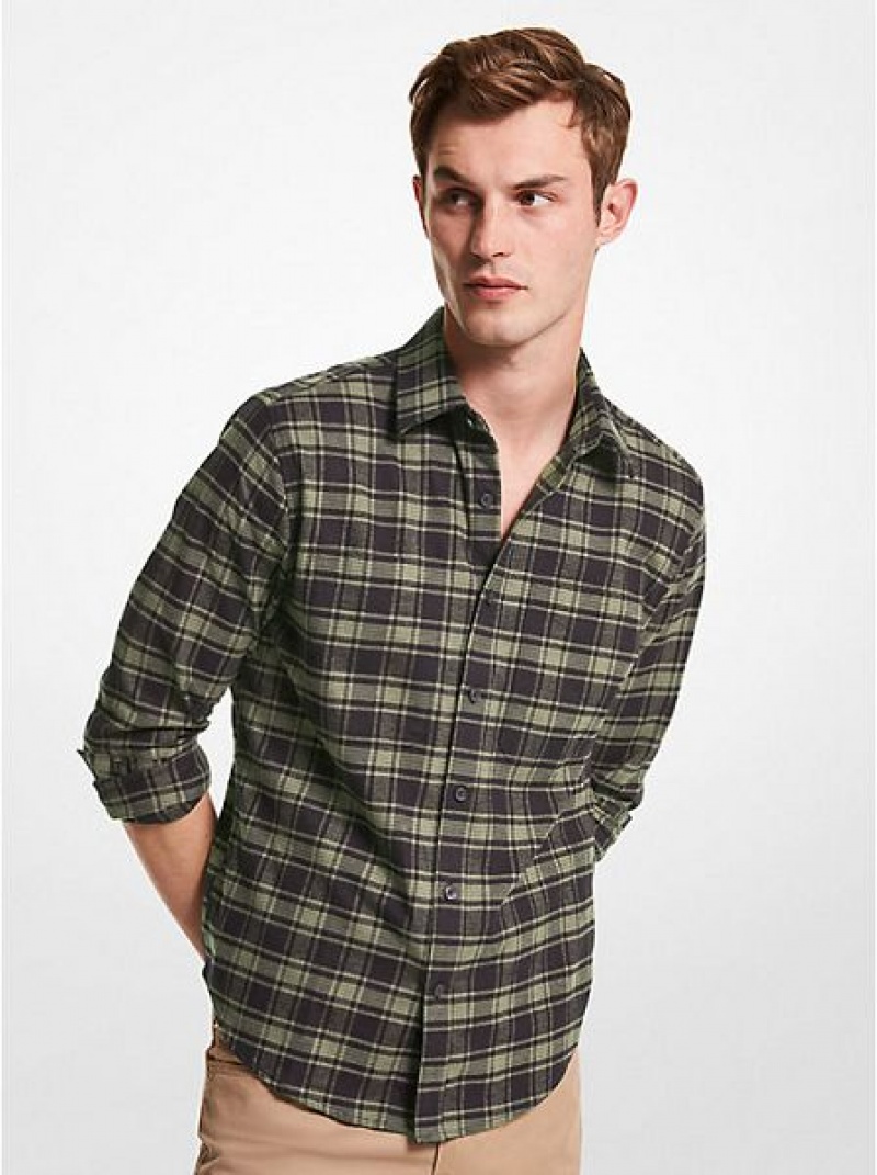 Michael Kors Slim-fit Plaid Baumwoll Flannel Hemd Herren Olivgrün | 137260-WOS