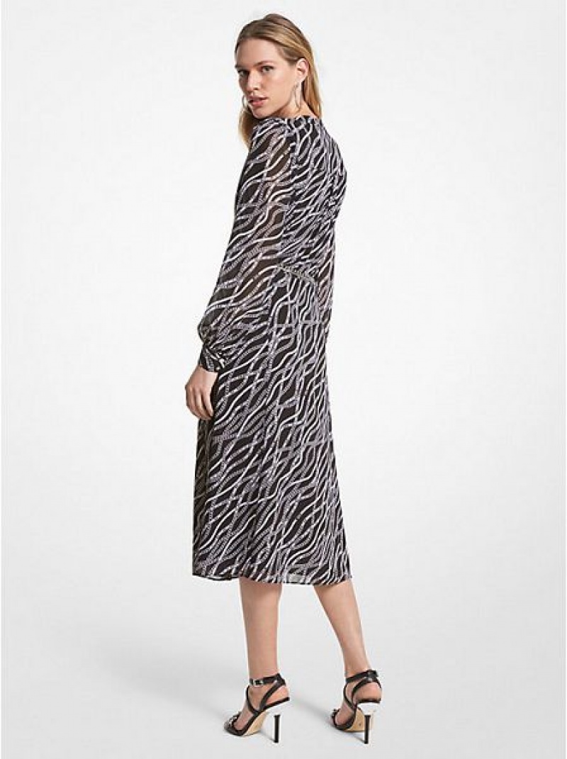 Michael Kors Status Print Georgette Midi-kleid Damen Schwarz | 179654-NJQ