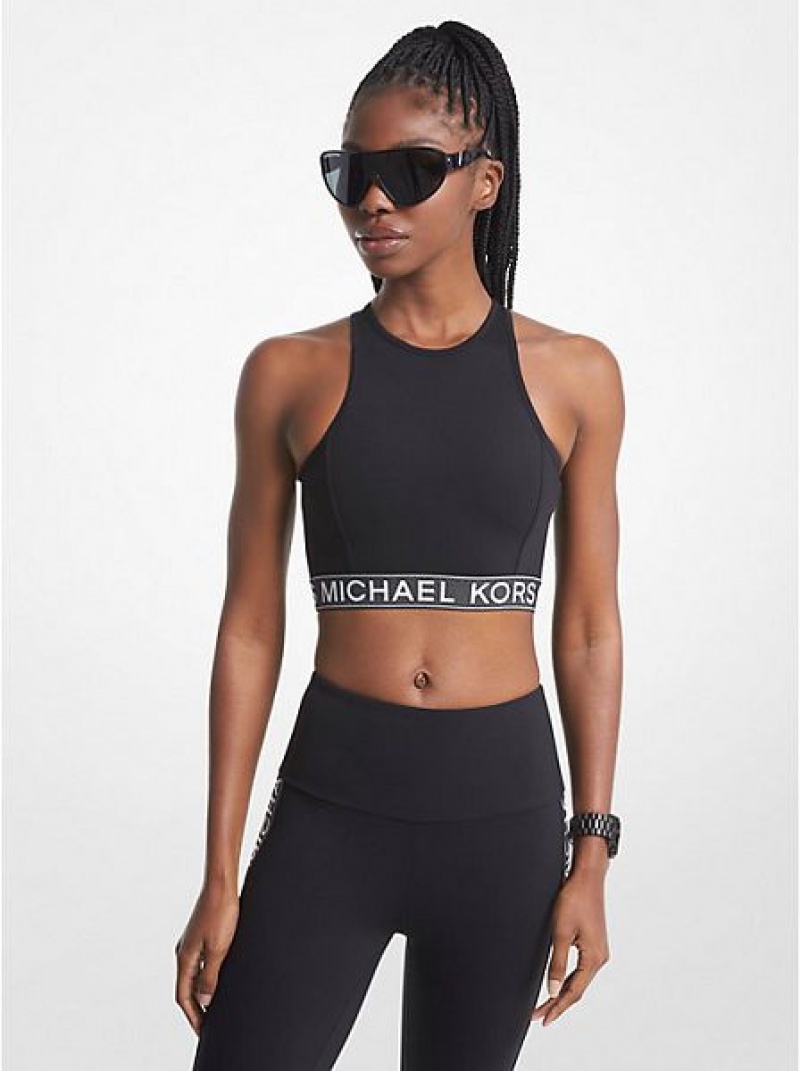 Michael Kors Stretch Nylon Logo Tape Racerback Sport Bh Damen Schwarz | 453102-TMJ