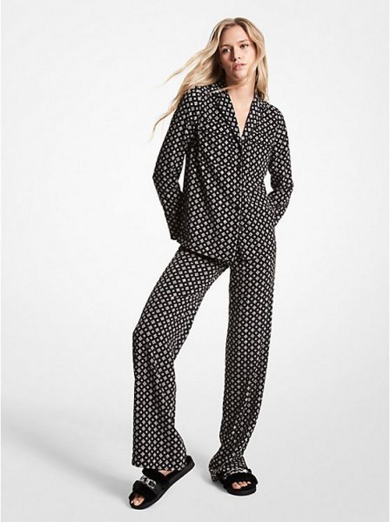 Michael Kors Studded Medallion Crushed Crepe Pajama Hemd Damen Schwarz Weiß | 059318-PVD