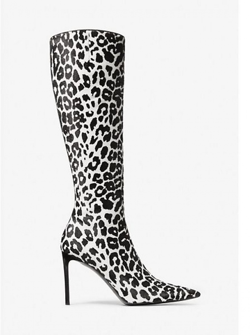 Michael Kors Tatjana Leopard Print Calf Hair Lederstiefel Damen Schwarz Weiß | 785291-ZOC