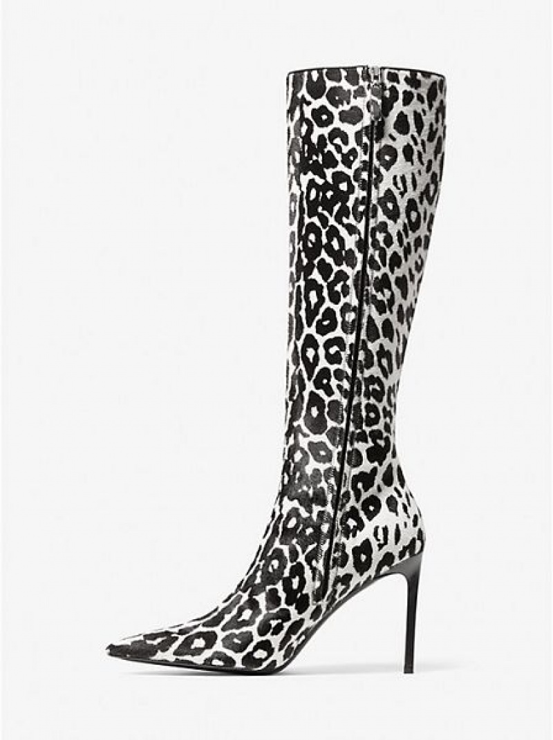 Michael Kors Tatjana Leopard Print Calf Hair Lederstiefel Damen Schwarz Weiß | 785291-ZOC