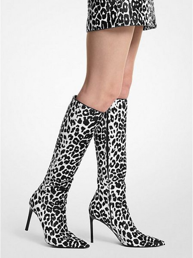 Michael Kors Tatjana Leopard Print Calf Hair Lederstiefel Damen Schwarz Weiß | 785291-ZOC