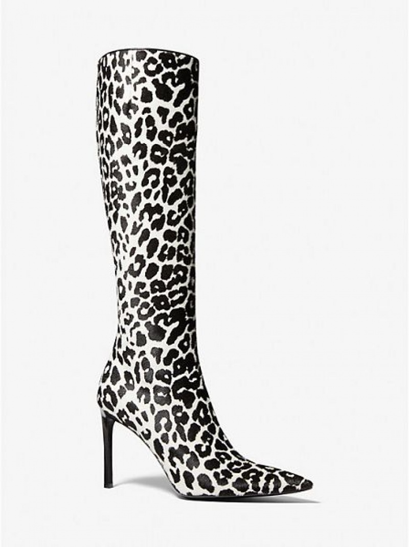 Michael Kors Tatjana Leopard Print Calf Hair Lederstiefel Damen Schwarz Weiß | 785291-ZOC